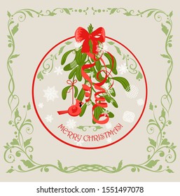 Pastel greeting vintage Christmas card with hanging decoration with bunch of mistletoe with berries, red bow and redbird toy and paper cutting snowflakes