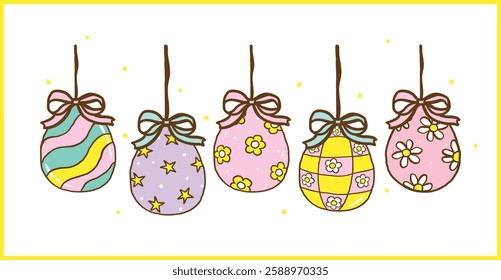 Pastel Groovy Happy Easter egg Garland Decoration, Cute Cartoon Hand Drawn Illustration banner