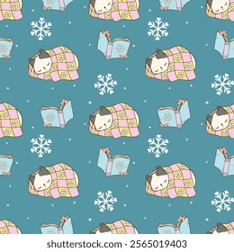 Pastel Groovy Retro Winter Bookish Cat Sleeping Seamless Pattern Hand Drawn Cartoon