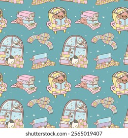 Pastel Groovy Retro Winter Bookish Cat Reading Seamless Pattern Hand Drawn Cartoon