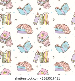 Pastel Groovy Retro Winter Bookish books Seamless Pattern Hand Drawn Cartoon