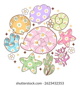 Pastel Groovy Seashell, Flower Seashell Doodle Cartoon Style Hand Drawn Elements Vector