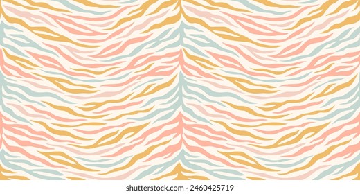 Pastel groovy tiger skin print seamless pattern. Animal skin tiger stripes flat style background in retro boho colors. Tiger skin hand drawn gender neutral pastel safari background print.