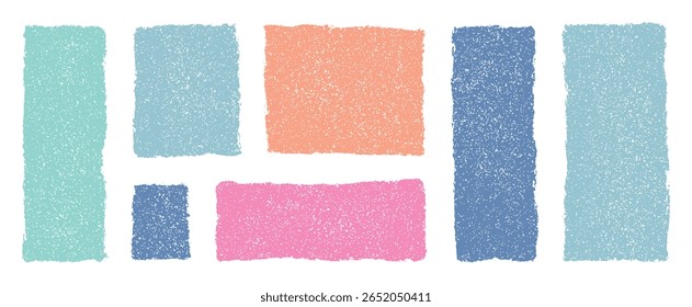 Pastel grunge rectangles and squares with rough hand drawn edges. Abstract chalk texture blocks, sketchy doodle text boxes, colorful artistic crayon design. Vector shapes for speech bubbles