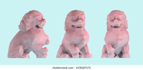 Pastel Guardian Lion. Set of Pink Chinese Lions on Pastel Blue Background. Low Poly Vector 3D Rendering