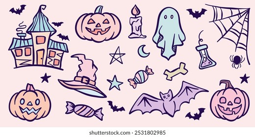 Pastel Halloween banner background, vector cartoon clip art element set, cute kids part decoration, pumpkin lantern illustration isolated