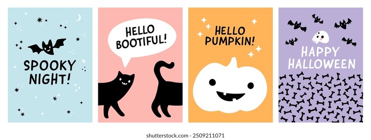 Pastel Halloween cards set. Cute bats, cat, pumpkin, skull and bones on a pastel background. Funny Halloween characters and quotes vertical cover or story designs on pink, blue, orange and violet.