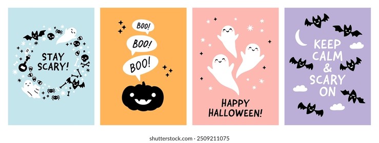 Pastel Halloween cards set. Cute ghosts, bats, pumpkin, skulls and bones on a pastel background. Funny Halloween characters and quotes vertical cover or story designs on pink, blue, orange and violet.