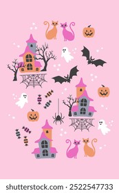 Póster de Vector rosa de Halloween pastel. Iconos de Halloween en naranja, rosa, gris sobre fondo rosa pastel. Coloridas casas cazadas de Halloween, gatos, caramelos, calabazas, con fantasmas, murciélagos y Web de araña.