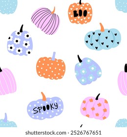 Pastel Halloween pumpkin. Vector seamless pattern. Funny colorful pumpkins on white background. Cute design for kids girl.