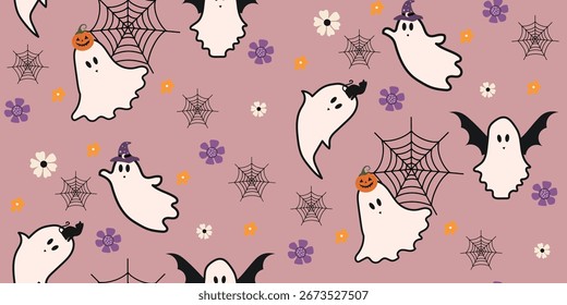 Patrón sin fisuras de Halloween pastel con fantasmas lindos, telarañas, murciélagos y Elementos florales para papel digital Kawaii, envoltura y diseño de telas