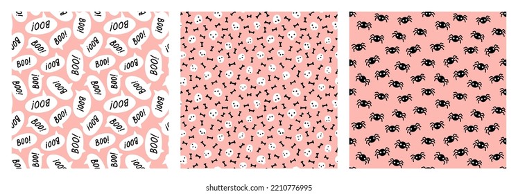 Pastel Halloween seamless pattern set. Black and white skulls, bones, spiders and speech bubbles on light pink background.