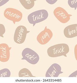 Pastel Halloween speech bubble seamless vector pattern with spooky text for kids and seasonal design
