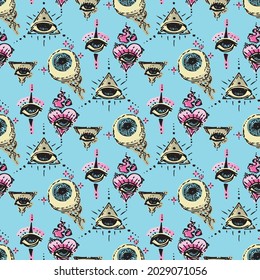 Pastel Halloween vector repeat pattern with evil eyes and eye balls