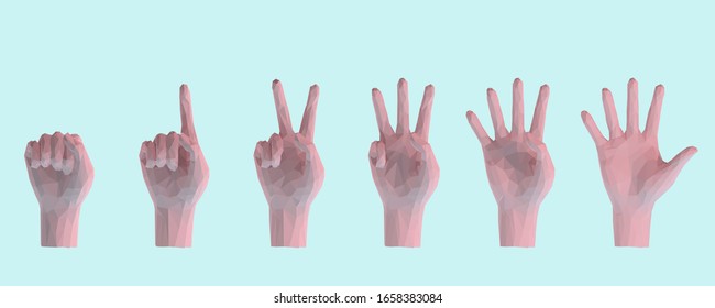 Recuento De Manos Pastel. Conjunto de manos de recuento rosado sobre fondo azul Pastel. Representación 3D de vectores de polvos bajos