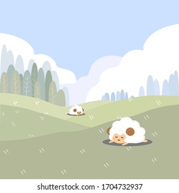 Pastel hand draw cute cartoon sheep vector sleeping on the green field with sunny blue sky background landscape