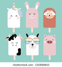 Pastel hand drawn cute ice cream with llama,rabbit,sloth,pig,cow and unicorn