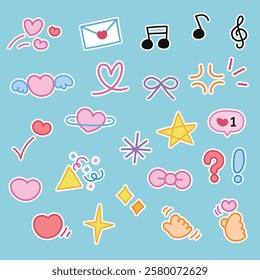 Pastel Hand Drawn Doodle Line Sticker Set Hearts, Music, Social, Like, and Fun Expressions