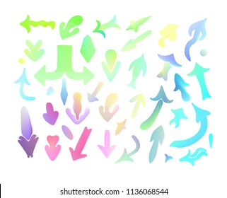  Pastel hand drawn doodle sketch arrows. Arrows set made by hand. Trendy vector arrow design elements in pastel colors.