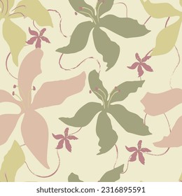 Pastel hand drawn floral pattern. Seamless repeat pattern design in soft purple green white background textile print