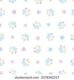 Pastel hand drawn hearts and paw prints. Seamless fabric design pattern