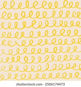 Pastel hand drawn pattern, pencil yellow swirls. Chaotic ink textured spiral lines on beige background, scribbles, doodle. Sketch vector illustration.