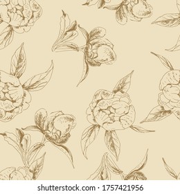 Pastel hand drawn peonies vector seamless pattern for decoration, wrapping, textile.
