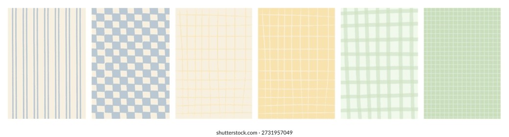 Pastel hand drawn plaid and grid pattern backgrounds in soft colors. Minimal abstract checkered textures for branding, packaging, social media, stationery and spring design. Vector illustration.