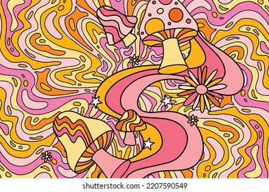 Pastel hand drawn psychedelic groovy background. Colorful psychedelic optical illusion.Trippy distorted image with light diffraction effect in the psychedelic style of the '80s - 90s vaporwave. Eps 10