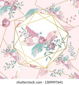 Pastel hand drawn seamless pattern with feather,rose,leaf,geometric and flower