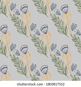 Pastel hand drawn seamless pattern with orange, blue and green forest bouquet sihouettes. Light blue background. Perfect for wallpaper, textile, wrapping paper, fabric print. Vector illustration.