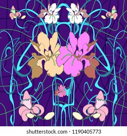 Pastel hand drawn vector  pattern in art Nouveau style.. Ornate floral background with fine lines of the stems..  Modern design for textiles, printing.