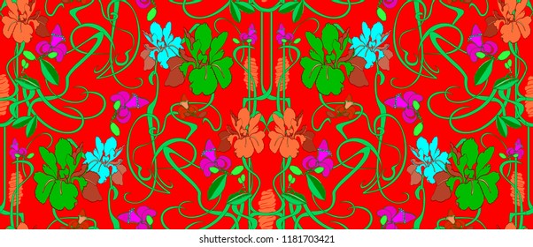 Pastel hand drawn vector seamless pattern in art Nouveau style.. Ornate floral background with fine lines of the stems..  Modern design for textiles, printing.