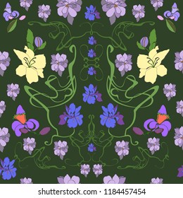 Pastel hand drawn vector seamless pattern in art Nouveau style.. Ornate floral background with fine lines of the stems..  Modern design for textiles, printing.