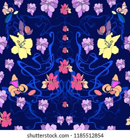 Pastel hand drawn vector seamless pattern in art Nouveau style. Ornate floral background with fine lines of the stems. Modern design for textiles, printing.