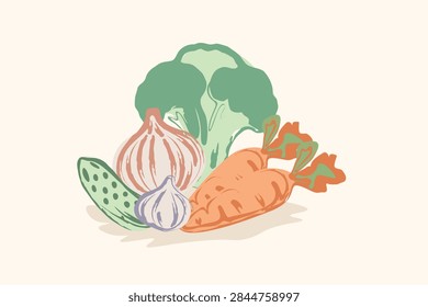 Pastel hand drawn vector vegetable still life with broccoli, cucumber, onions, garlic and carrots on a cream background.