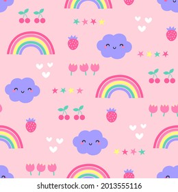 Pastellfarbene, handgezeichnete Wolke, Regenbogen, Blume und Fruchtmuster, nahtloser Hintergrund.
