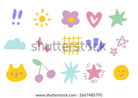 Pastel Hand-Drawn Doodle Icon Set – 16 Cute and Playful Icons Including Sun, Star, Heart, Cherry, Cat and Cloud