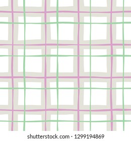 Pastel Hand-Drawn Plaid Vector Seamless Pattern. Whimsical Modern Classic Tartan Background
