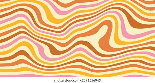 Pastel hand-drawn psychedelic groovy background. Colorful abstract optical illusion with a trippy, distorted effect and light diffraction. Inspired by the 60s-70s vaporwave aesthetic. Vector design.