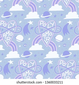 Pastel hand-drawn seamless pattern with heart and infinity symbol, handwritten word Polyamory, rainbows, clouds, stars, moons and planets doodles. Design element for web or print, background.