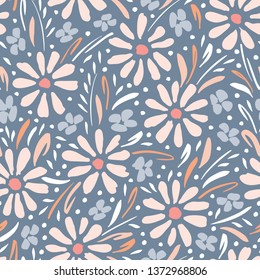 Pastel hand-painted daisies and foliage on grey background vector seamless pattern. Spring summer floral print