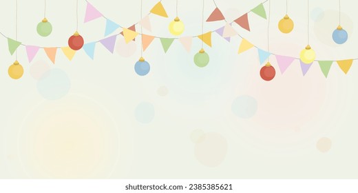 Pastel hanging flag garlands and evening balls with blurred background vector illustration childish style. Party background doodle lines template have blank space.