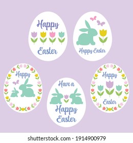 pastel Happy Easter eggs with tulips and bunnies