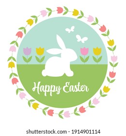 pastel Happy Easter graphic with bunny tulips and butterflies