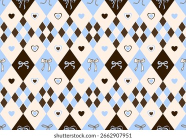 Pastel Harlequin Seamless Pattern with Bows and Hearts. Cute Argyle Background in Blue, Beige, and Brown