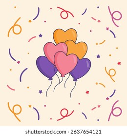 Pastel Heart Balloons with Confetti Background