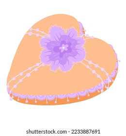 Pastel heart form gift box. Romantic packaging for lady present. Big purple flower on top. Valentines holiday card