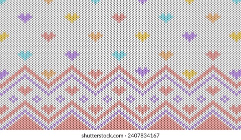 Pastel heart knitted pattern, Festive Sweater Design. Seamless Knitted Pattern