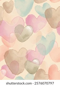 Pastel heart pattern background, watercolor design with soft pink, blue, and beige tones. For wrapping paper.